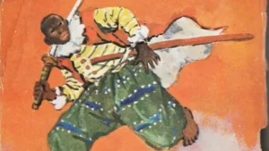 Ilustração de Yasuke no livro infantil de Kurusu Yoshio